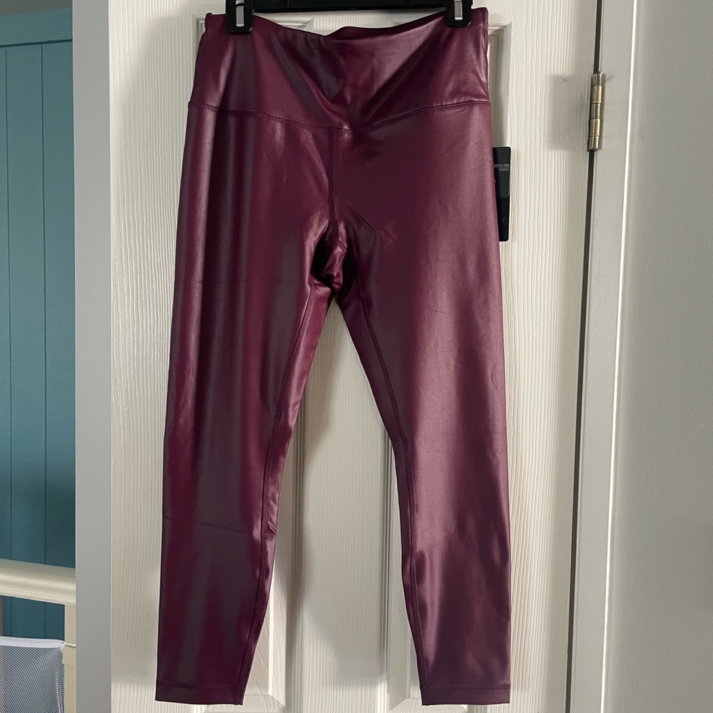 90 Degree Womens High Waist High Shine Faux Leather Disco Ankle Leggings